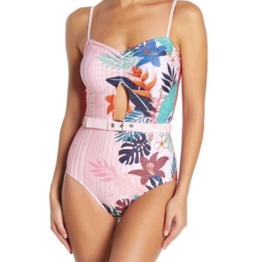 Nicole Miller Floral Belted One Piece Cut Out Swimsuit Womens Size 12 NWT $120